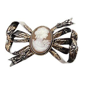 Vintage Hobe? Carved Shell Cameo Ribbon Brooch Sterling Silver 14K GF Tested